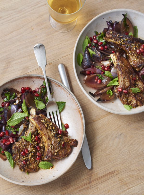 Charred onion salad with broiled lamb chops