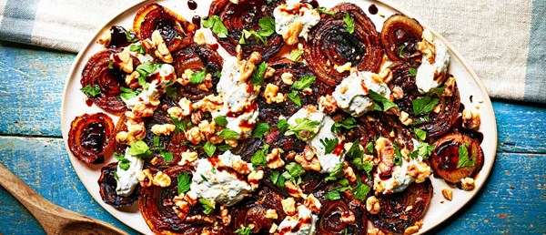 Charred onions with balsamic, walnuts and ricotta