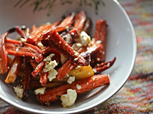 Charred, oven-roasted carrot salad with feta cheese