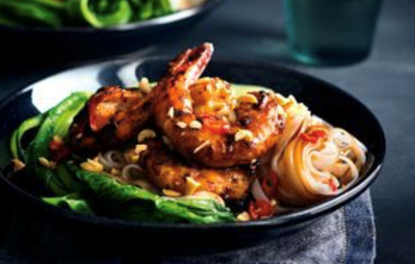 Charred oyster sauce prawns with rice noodles