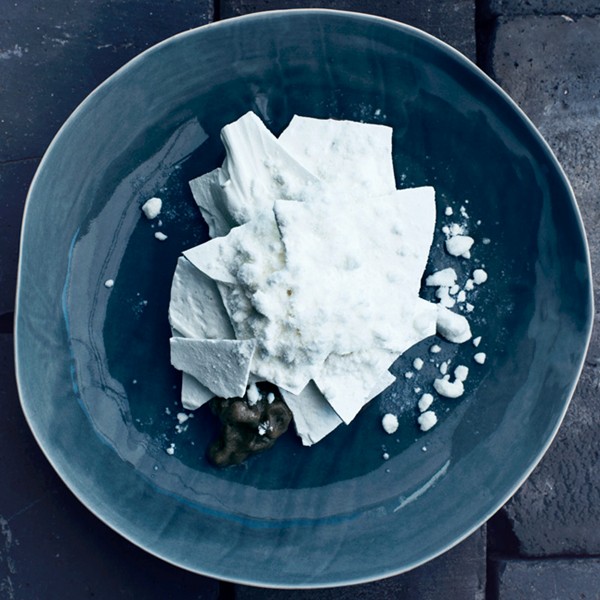 Charred pear sorbet with goat cheese "snow"