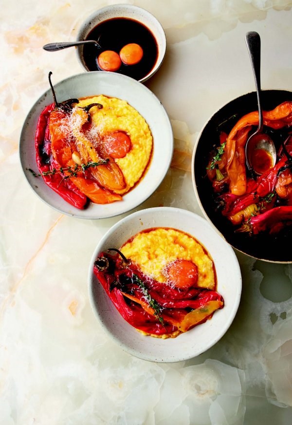 Charred peppers and fresh corn polenta with soy-cured yolk