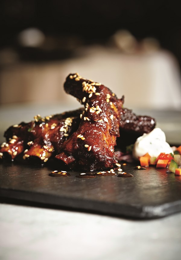 Charred pork ribs with hot-and-sweet glaze