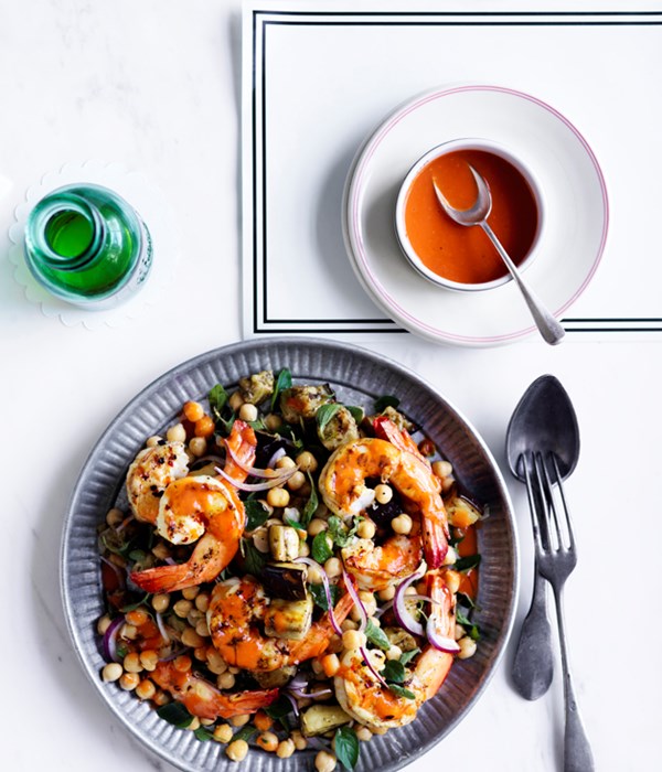 Charred prawns, eggplant and chickpeas with roast tomato vinaigrette