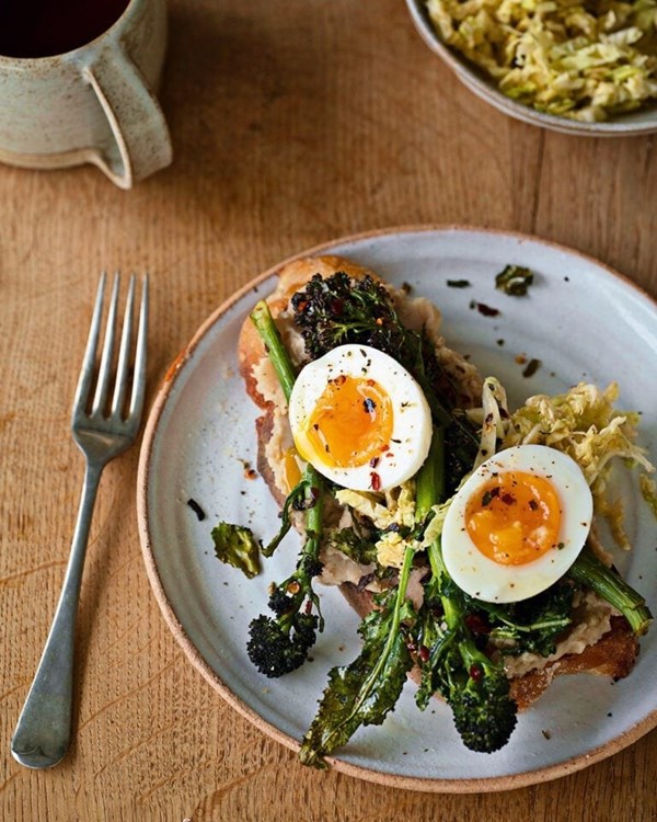 Charred PSB, pickled cabbage, jammy eggs and beans on fried bread