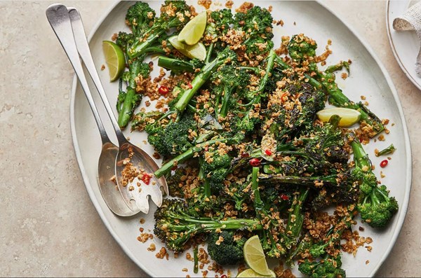 Charred purple sprouting broccoli with crispy chilli oats