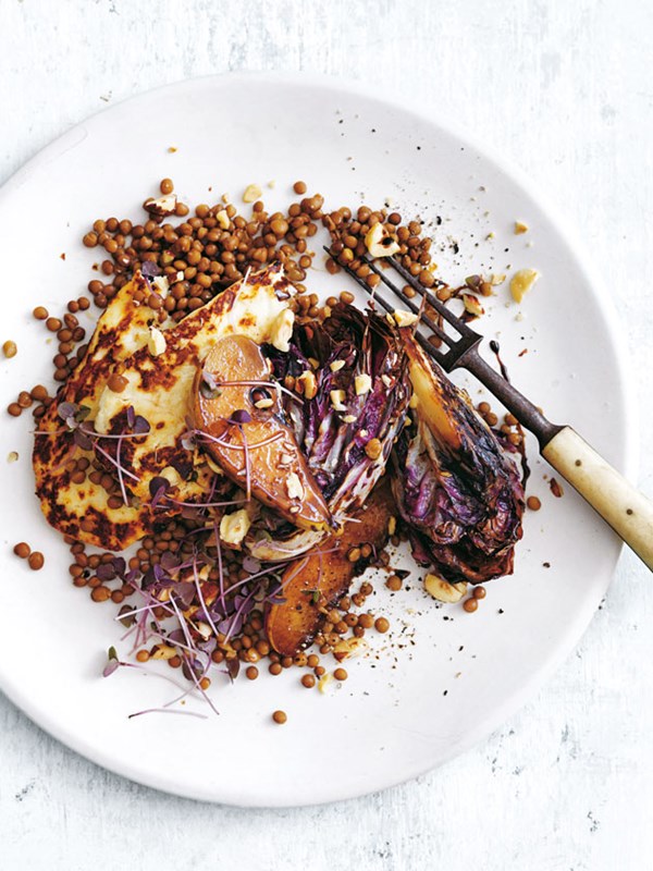 Charred radicchio, pear, haloumi and hazelnut salad