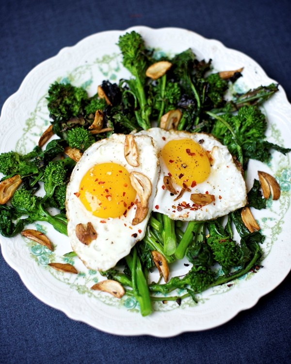 Charred rapini with garlic-chile eggs
