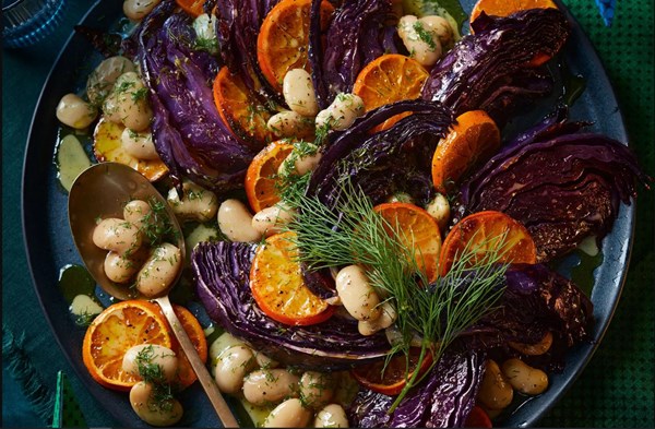 Charred red cabbage & butter bean platter with a clementine and mustard dressing