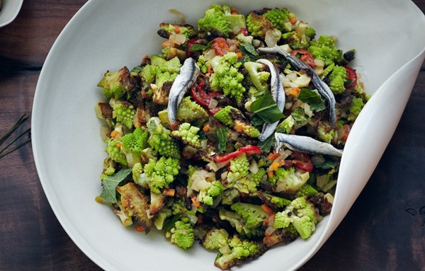 Charred Romanesco with anchovies and mint