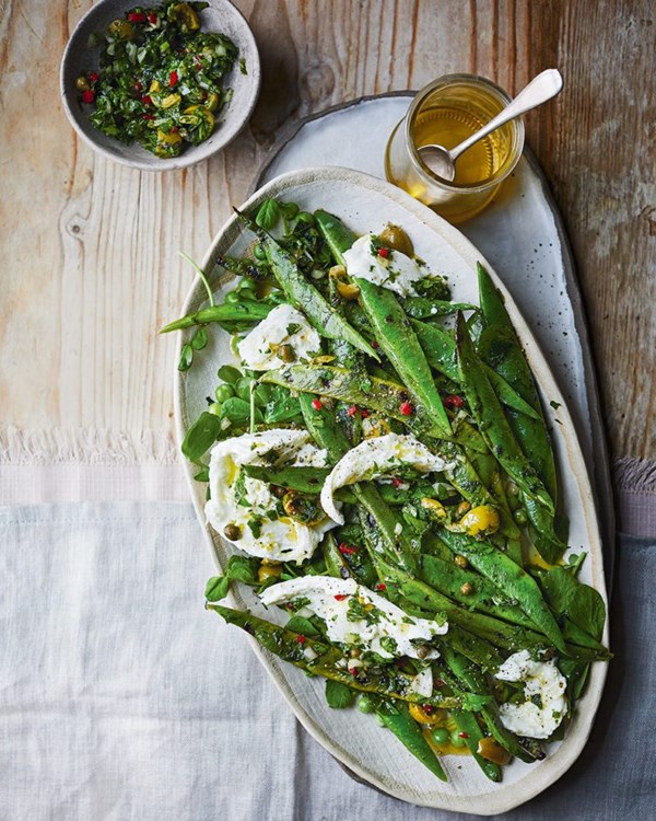 Charred runner bean salad with mozzarella and salsa verde [Patrick McGuigan]
