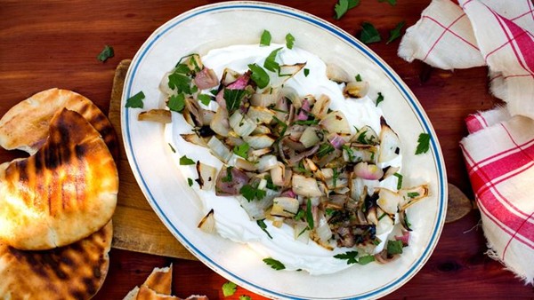 Charred shallots with labneh and pita