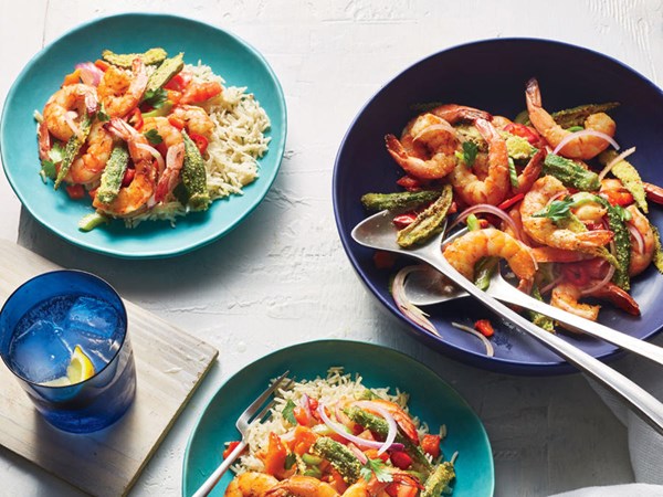 Charred shrimp and okra bowl
