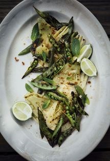 Charred snap peas and fennel with bacon-guajillo salt