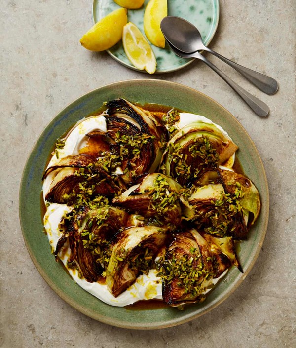 Charred spiced cabbage with pistachio butter