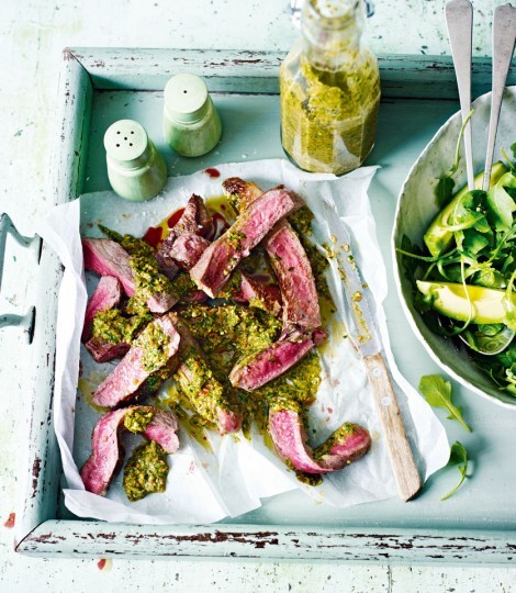 Charred spicy pepper pesto with steak and green salad