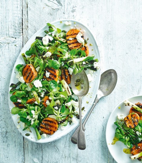 Charred spring onion and sweet potato salad