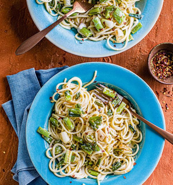 Charred spring onion miso spaghetti [Sophie Wyburd]