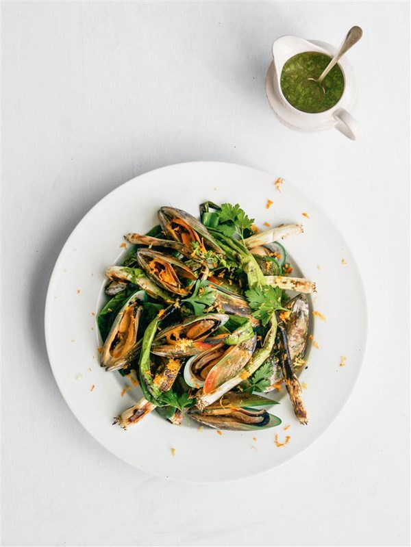 Charred spring onions & mussels with a citrus, garlic, chilli & parsley dressing