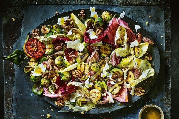 Charred sprout salad with orange dressing