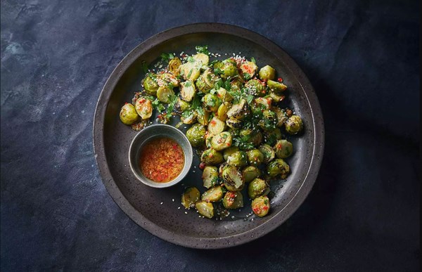 Charred sprouts with ginger-soy dressing