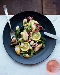 Charred squid with beans and Meyer lemon