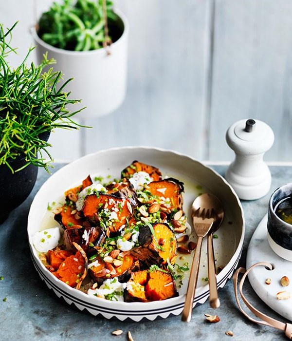 Charred sweet potato, goat's curd and almonds