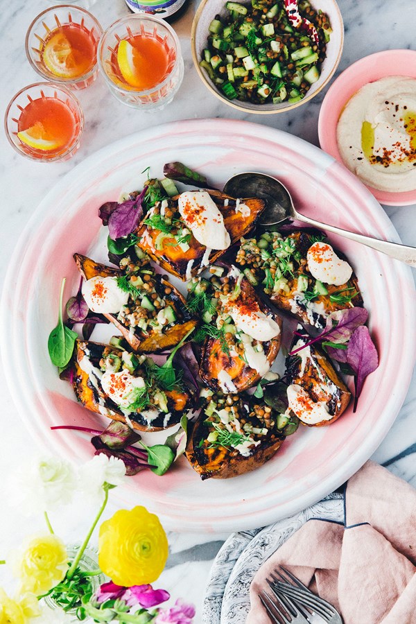 Charred sweet potatoes with butter bean hummus & lentil salad
