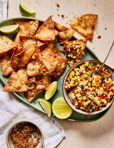 Charred sweetcorn and chilli salsa with lime salt tortilla chips