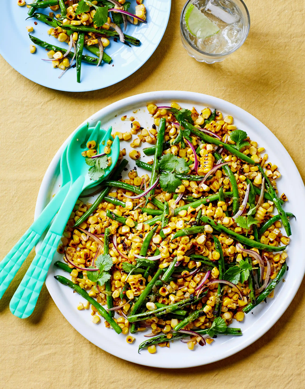 Charred sweetcorn and green bean salad