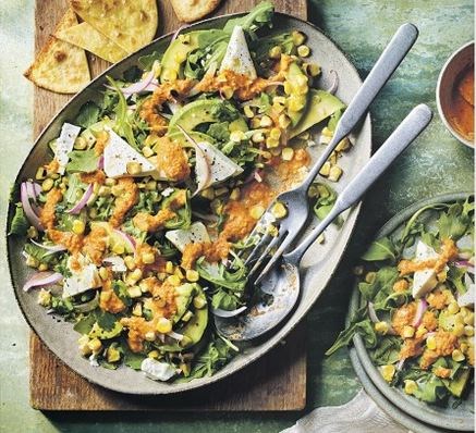 Charred sweetcorn, avocado & feta salad with charred tomato salsa
