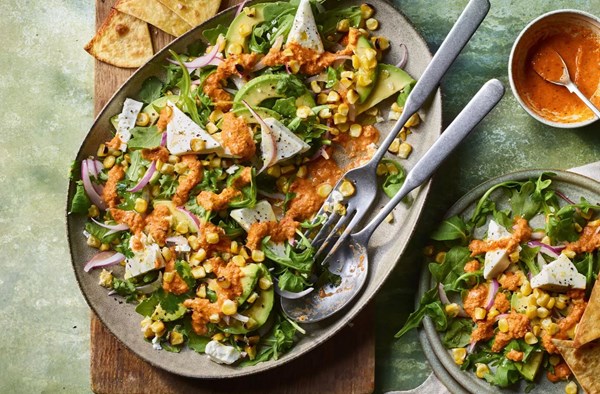Charred sweetcorn, avocado & feta salad with charred tomato salsa