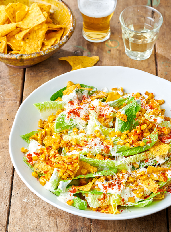 Charred sweetcorn, cos and lime mayo salad