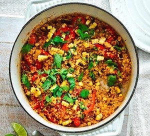 Charred sweetcorn, red pepper & bulgur wheat pilaf