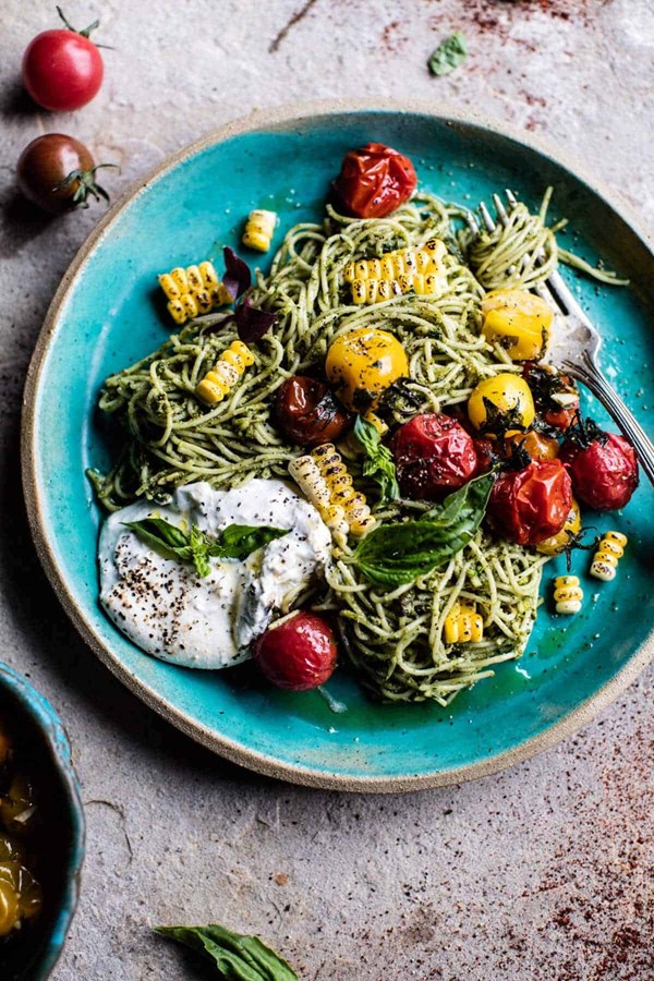 Charred tomato and corn pesto pasta