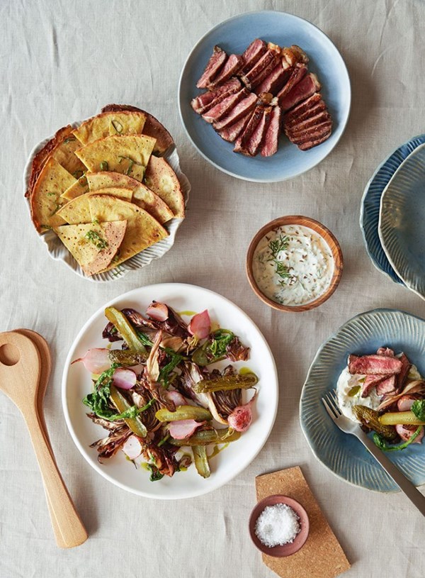 Charred vegetable salad with farinata & caraway cashew cream
