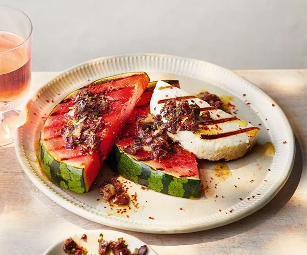 Charred watermelon & manouri with olive salsa