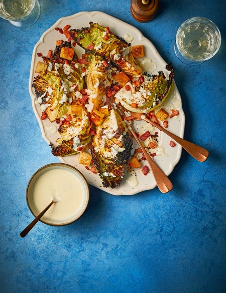 Charred winter cabbage with Caesar dressing  and bacon croutons