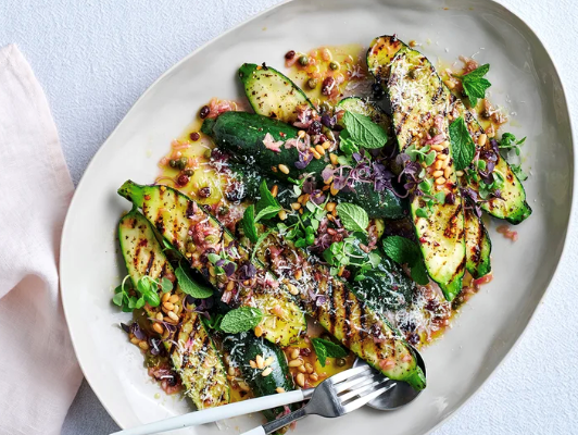 Charred zucchini agrodolce with ricotta salata and basil