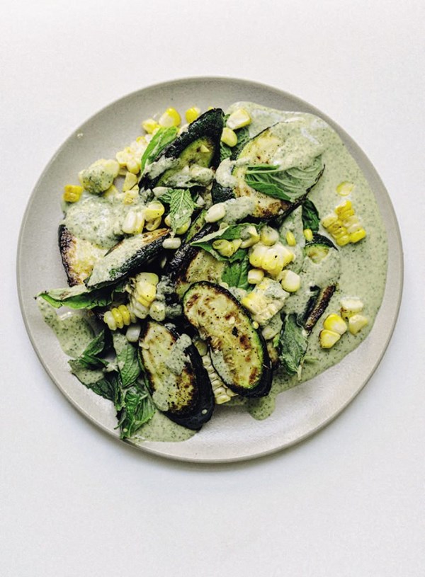 Charred zucchini and sweetcorn with basil Caesar-ish sauce