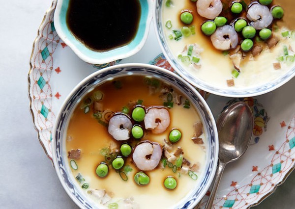 Chawan mushi with shrimp and spring peas