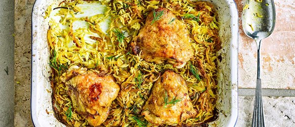 Cheat's chicken pilaf traybake