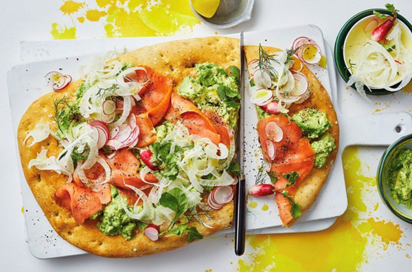 Cheat's focaccia with avocado and smoked salmon
