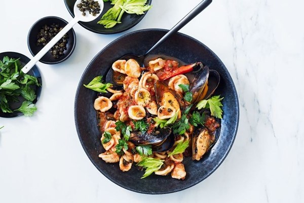 Cheat's mussels puttanesca with orecchiette