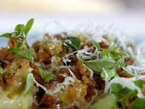 Cheat's pappardelle with slow-braised leeks and crispy porcini pangrattato