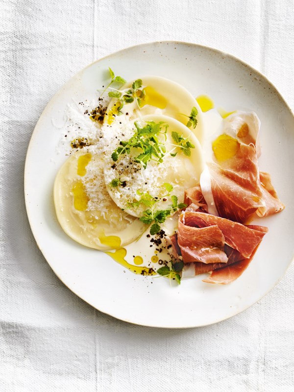 Cheat's ravioli carbonara with prosciutto and Parmesan
