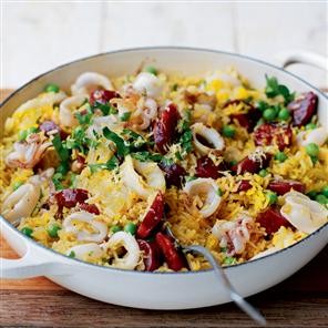 Cheat's squid and chorizo paella