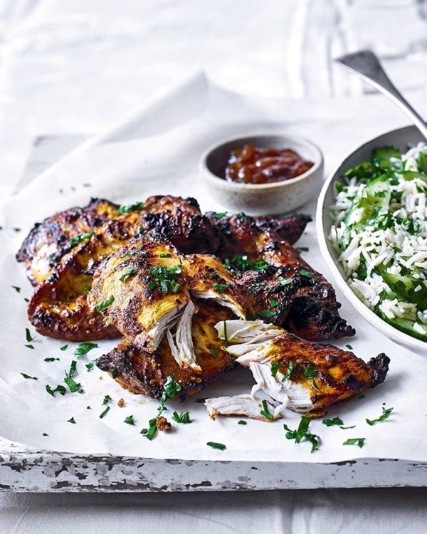 Cheat's tandoori chicken with cucumber rice salad
