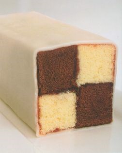 Checkerboard cake covered with marzipan (Battenberg)