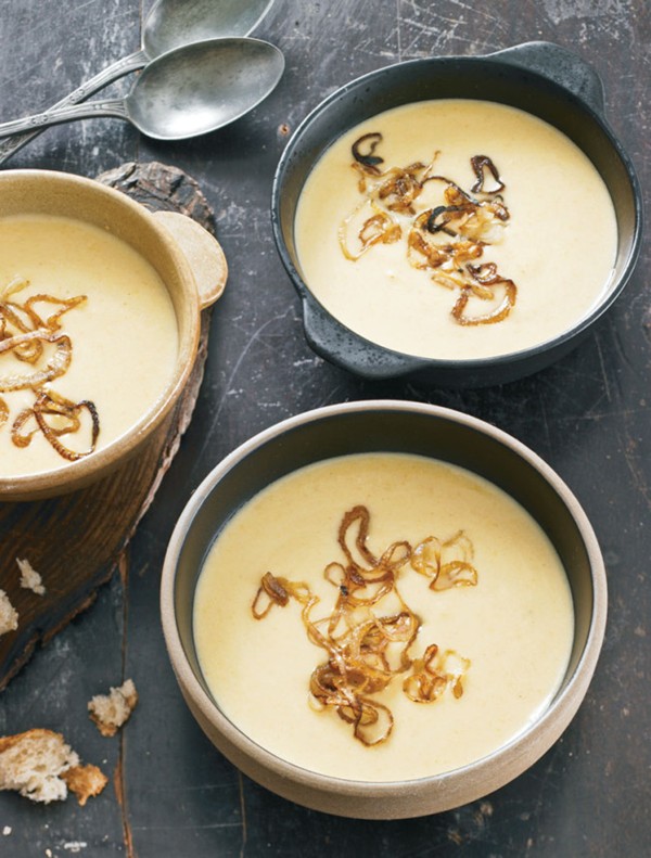 Cheddar and ale soup with crispy shallots